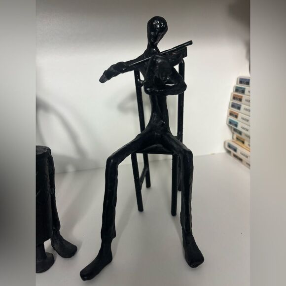 90s Modernist Black Cast Iron Set of Two Brutal Musicians Art Sculpture - Picture 3 of 13